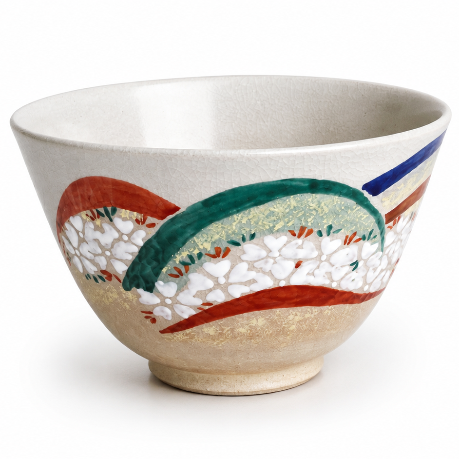 Kyoto Hana Nami Chawan handmade Japanese matcha bowl featuring floral wave patterns and gold accents