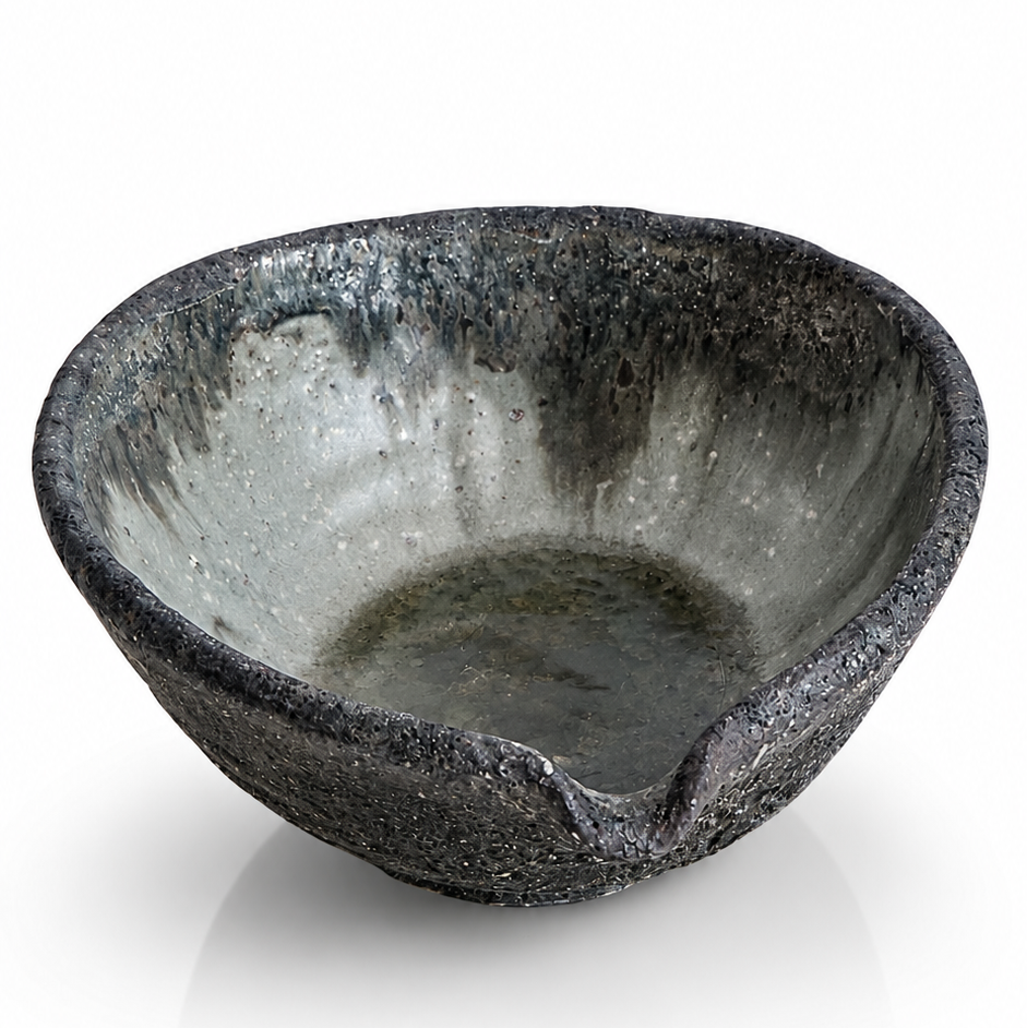 Japanese ceramic pouring bowl with crystalline glaze interior