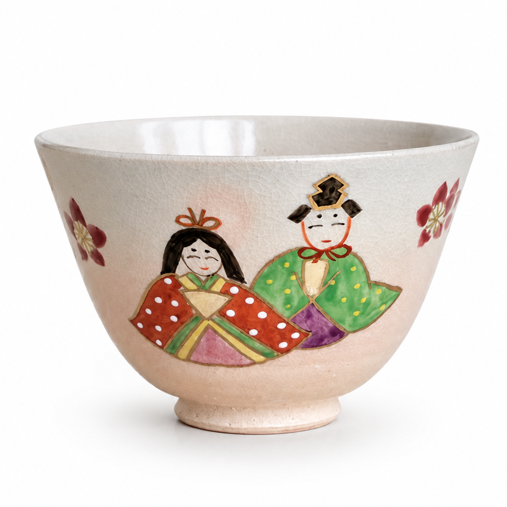 Kyoto Hina Chawan handmade Japanese matcha bowl featuring hand-painted Hina Matsuri emperor and empress design