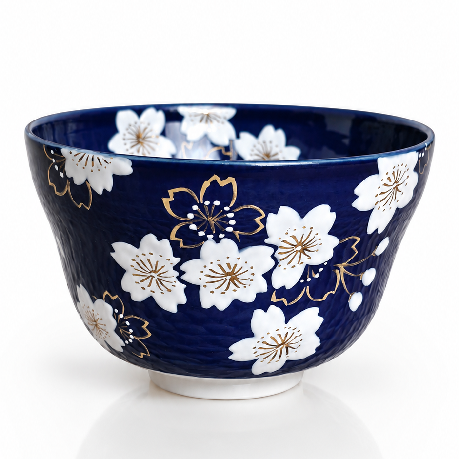 Indigo blue chawan with cherry blossoms
Luxury Japanese pottery for matcha tea
Authentic Kyoto-inspired matcha bowl