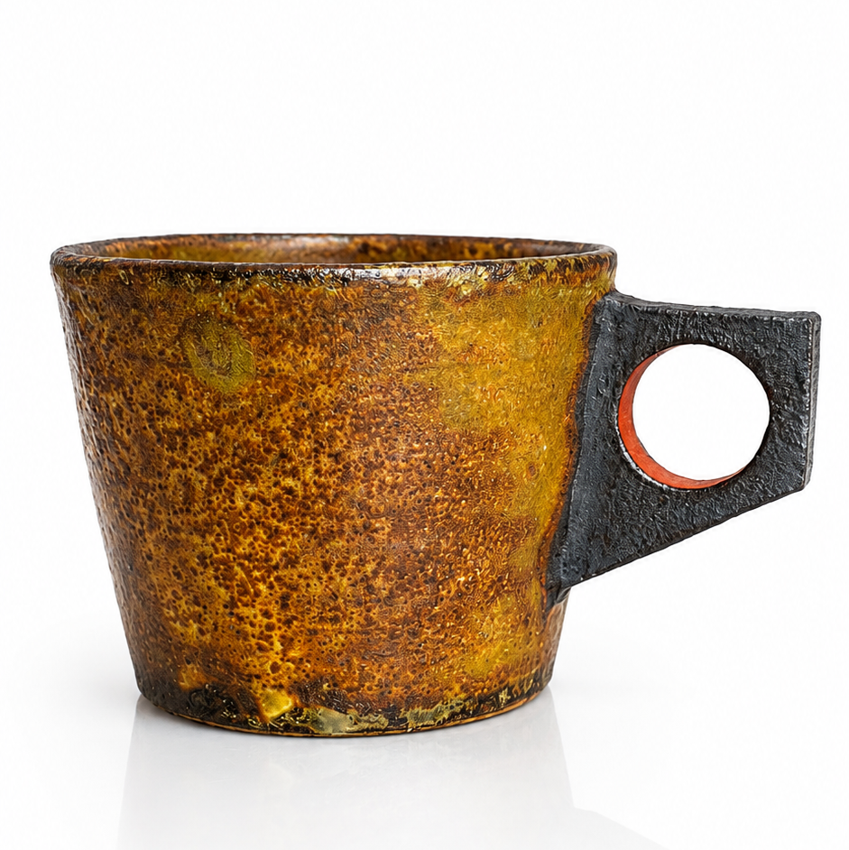 Handmade Japanese ceramic mug with ember-toned glaze and sculptural ring handle inspired by Mashiko pottery.