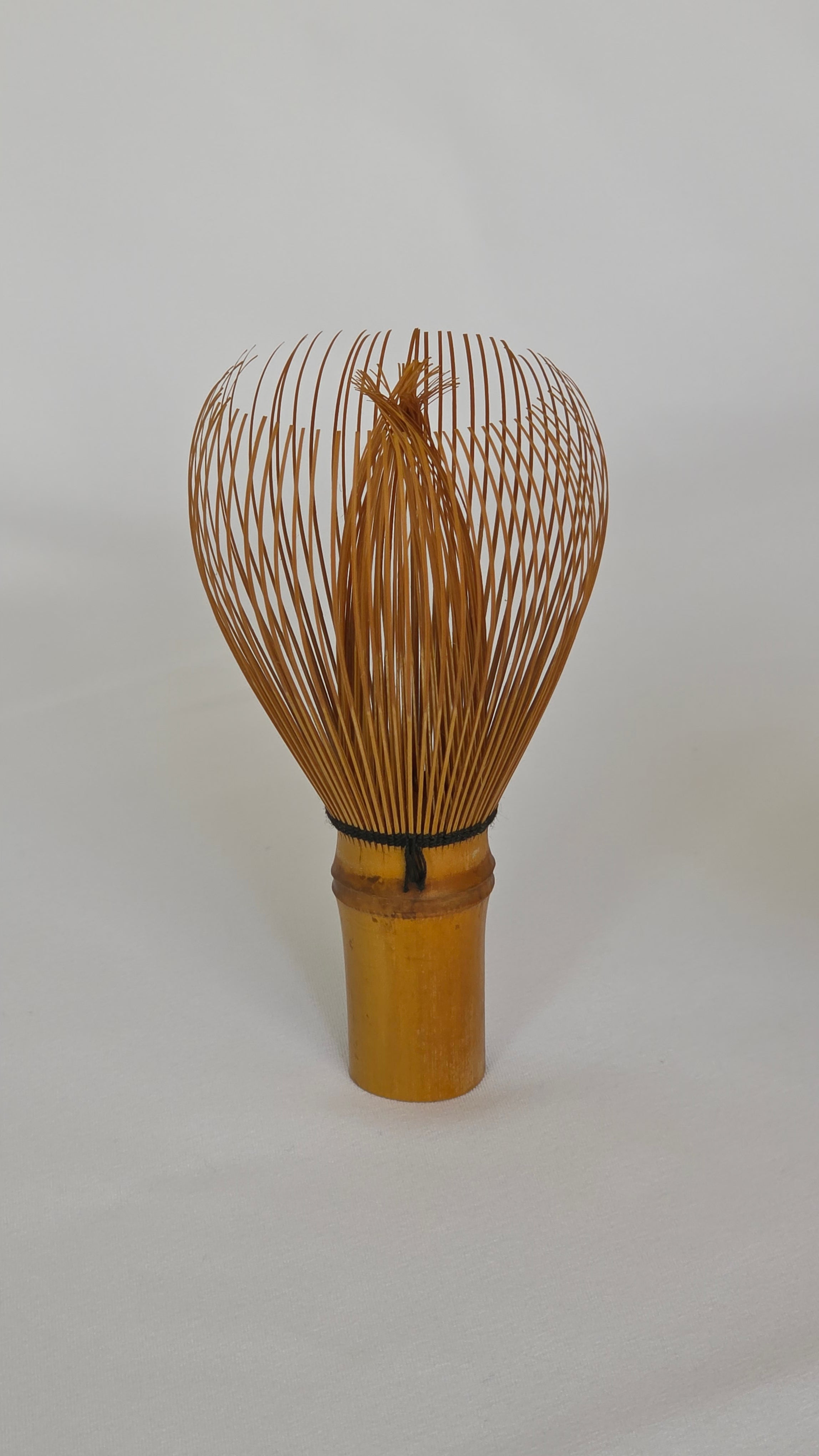 Chasen No. 119 golden bamboo matcha whisk, side view showing the black binding thread at the collar