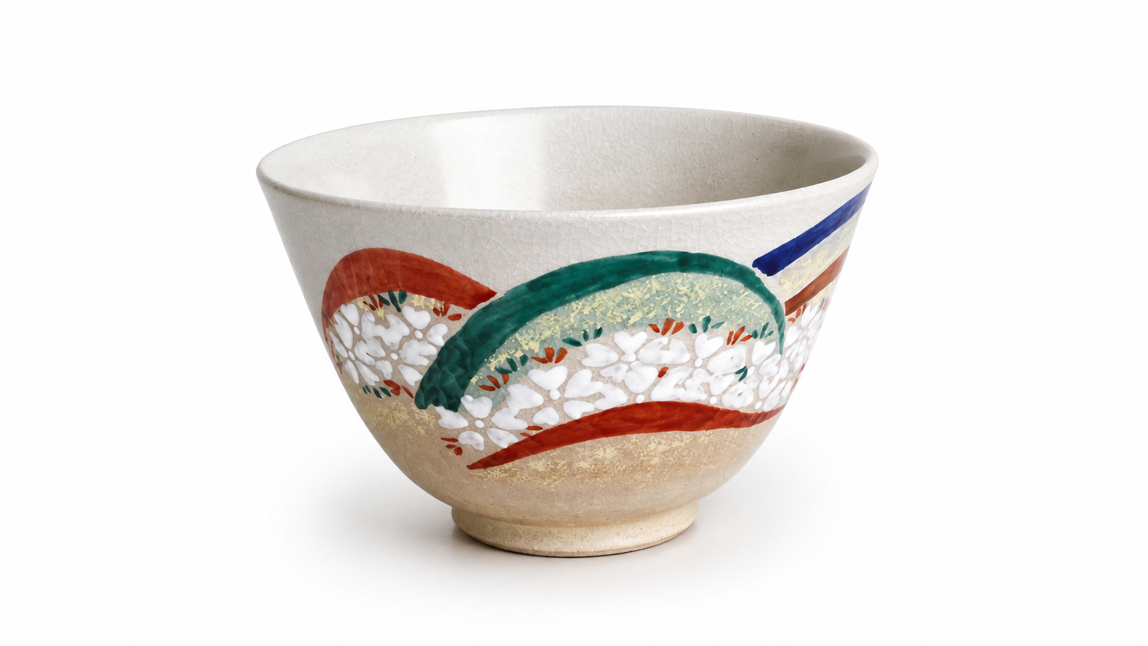 Kyoto Hana Nami Chawan handmade Japanese matcha bowl featuring floral wave patterns and gold accents