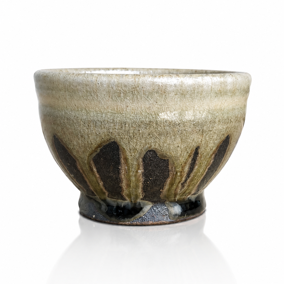 Japanese ceramic yunomi with emerald crystalline glaze