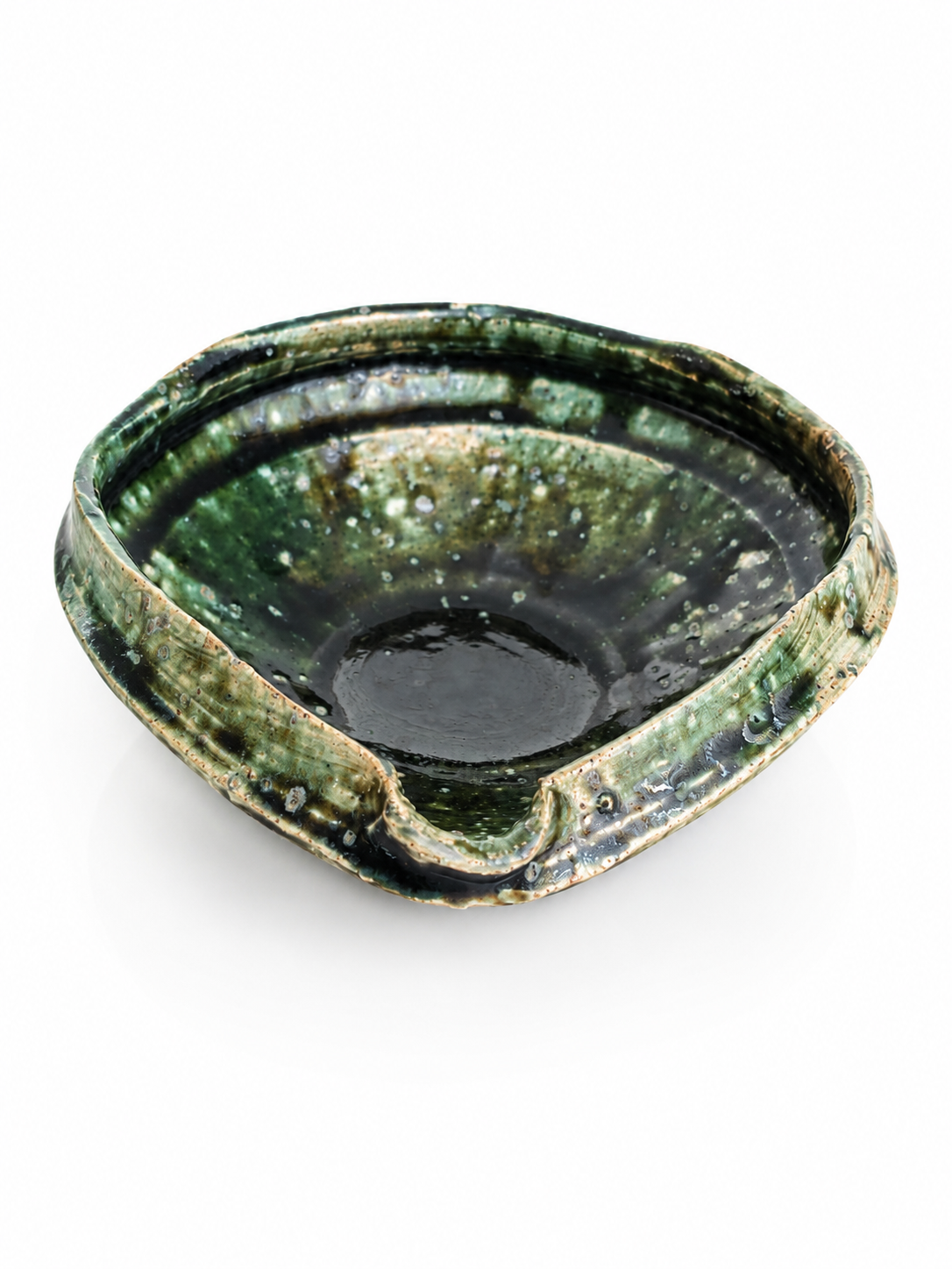 Handmade Forest Moss Katakuchi with rich green glaze, crafted in Ibaraki, Japan.