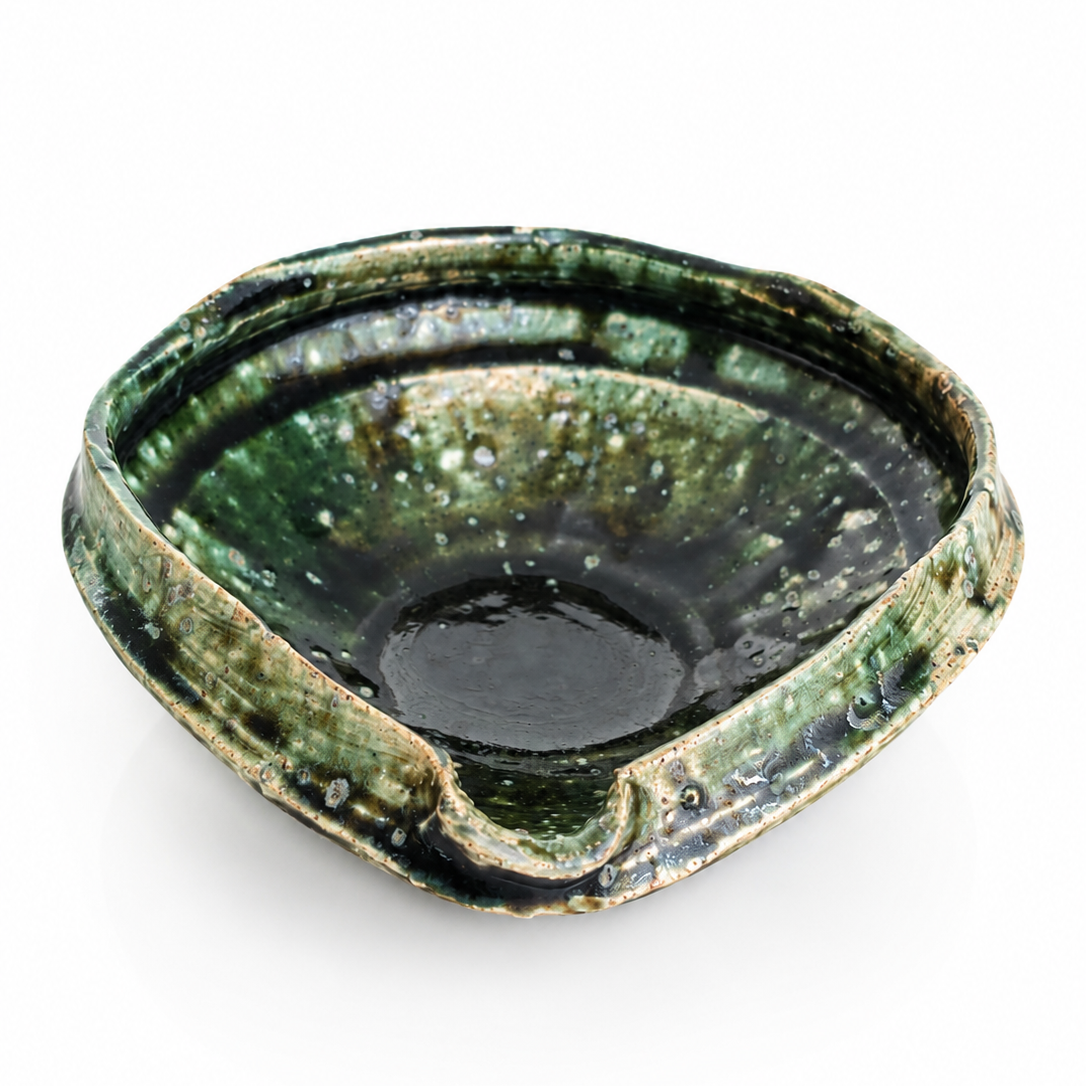 Handmade Forest Moss Katakuchi with rich green glaze, crafted in Ibaraki, Japan.