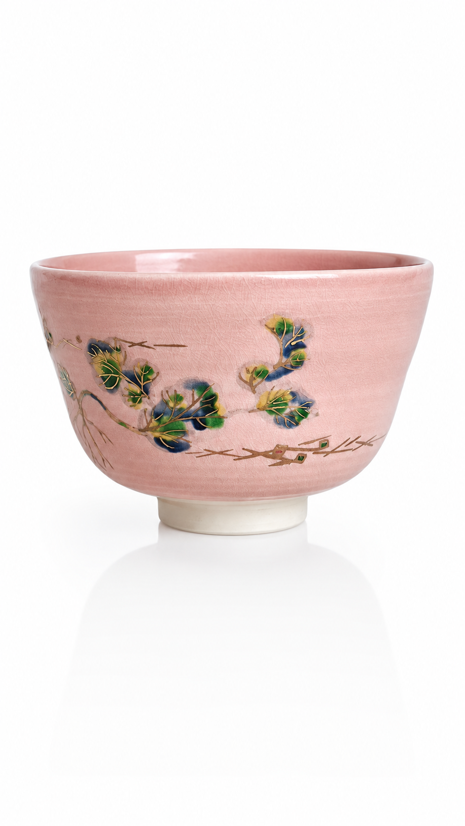 Kyoto Blush Maple Chawan handcrafted Japanese matcha bowl with pink glaze and maple leaf artwork