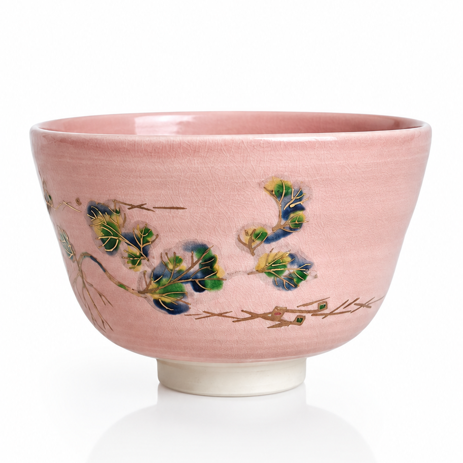 Kyoto Blush Maple Chawan handcrafted Japanese matcha bowl with pink glaze and maple leaf artwork