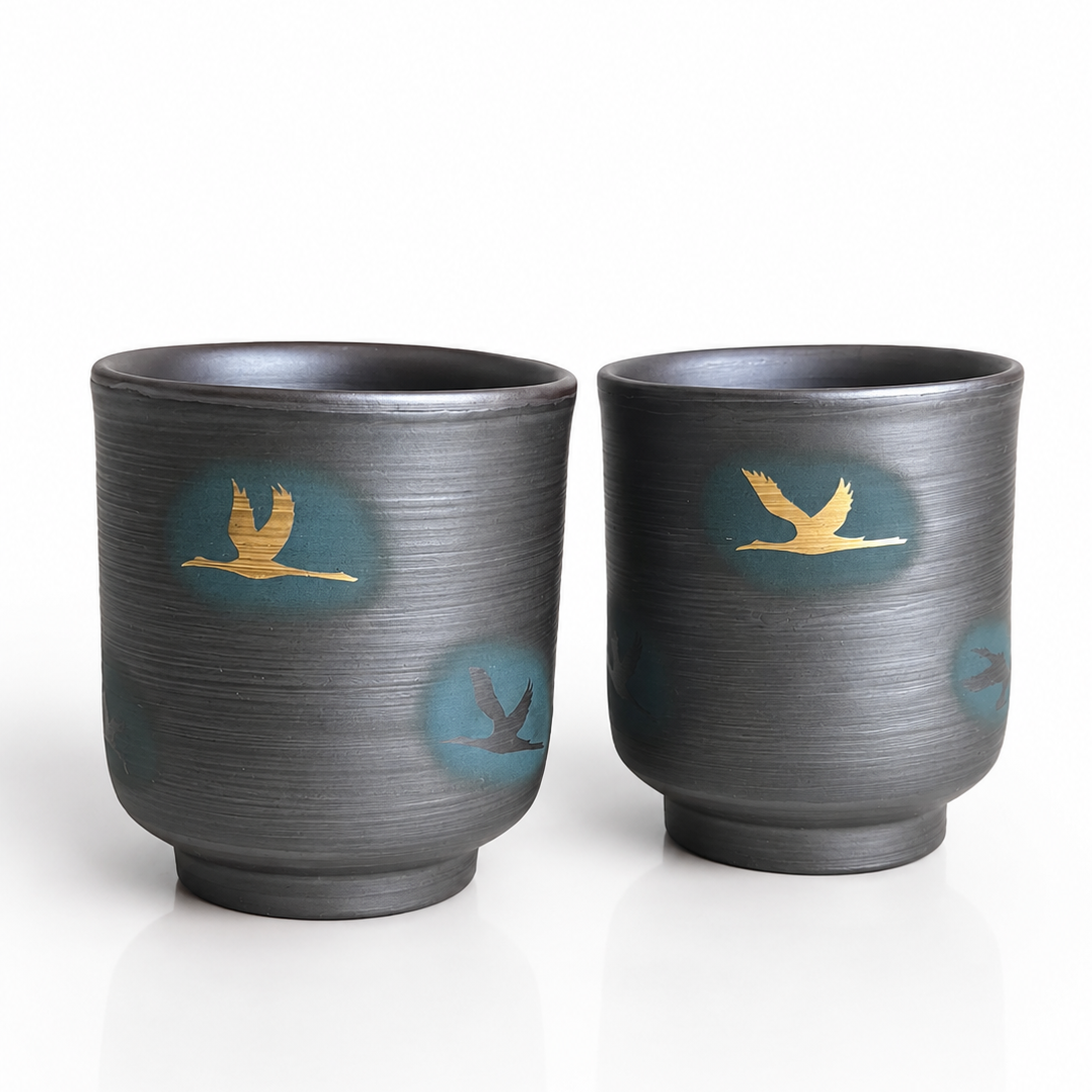 Handcrafted Japanese yunomi tea cups with gold crane design