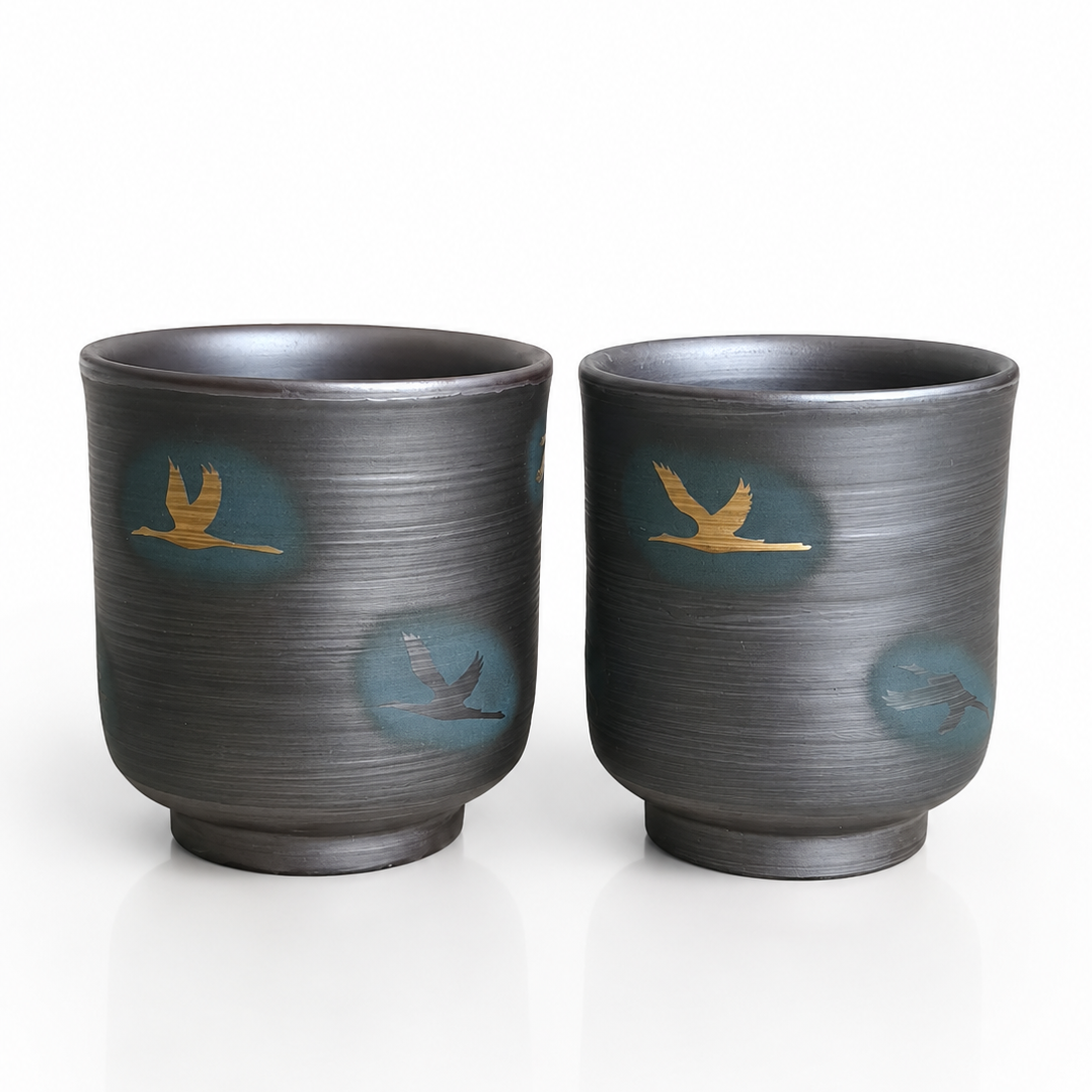 Golden Crane Yunomi Pair – Artisan Japanese Tea Cups