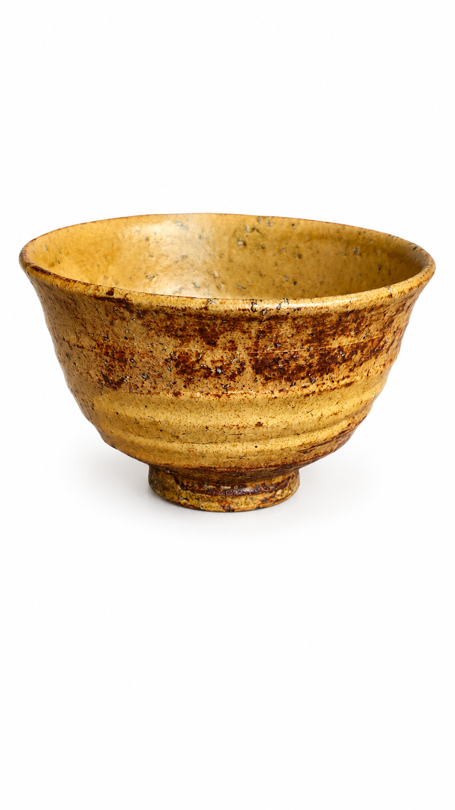 Golden Ash Chawan handmade Japanese matcha bowl with rustic kiln-fired glaze and warm ochre finish