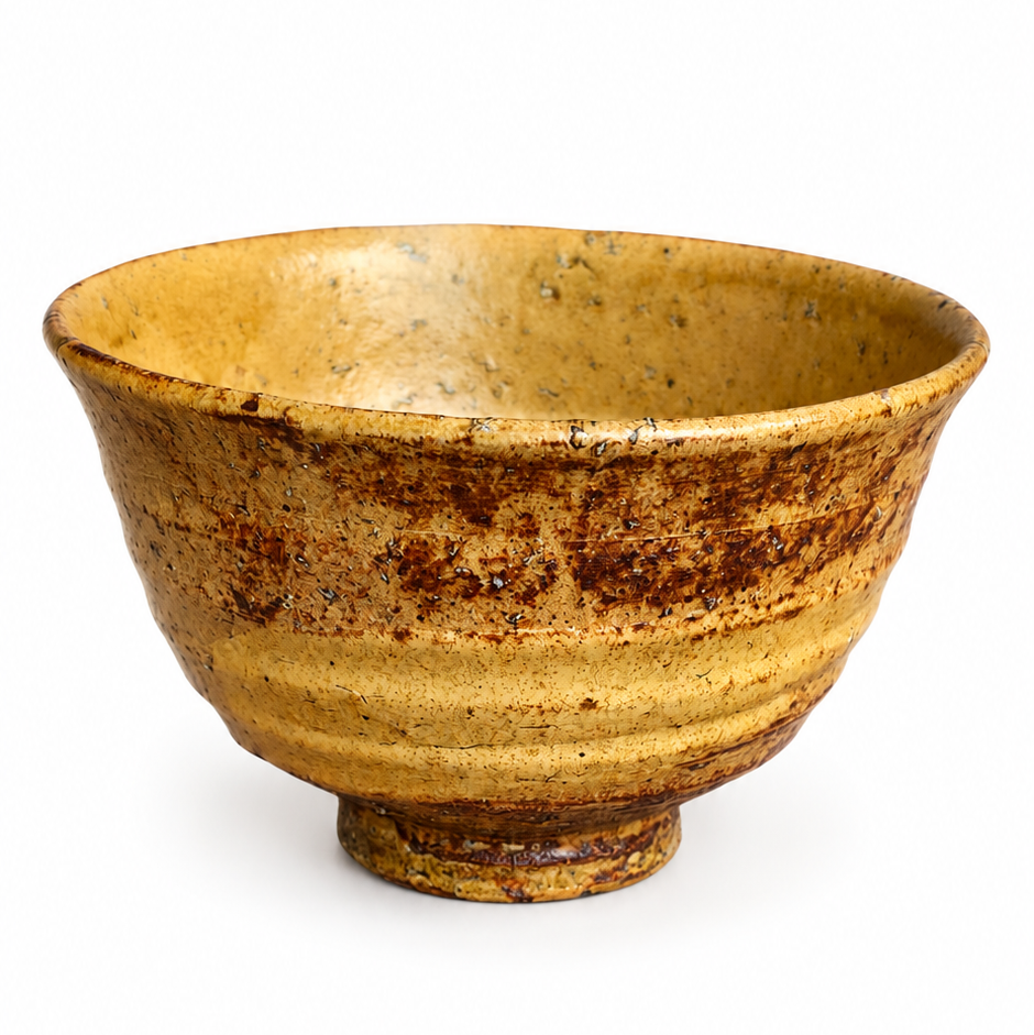 Golden Ash Chawan handmade Japanese matcha bowl with rustic kiln-fired glaze and warm ochre finish