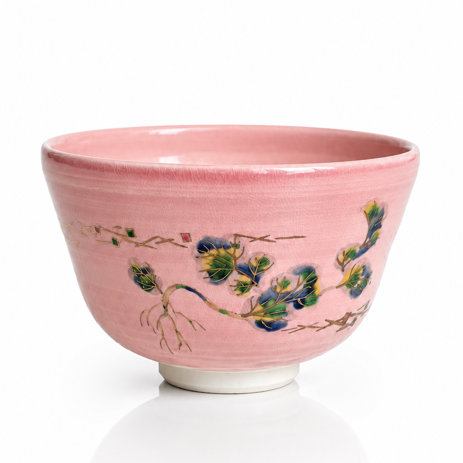 Hand-painted Japanese matcha bowl with maple leaf design